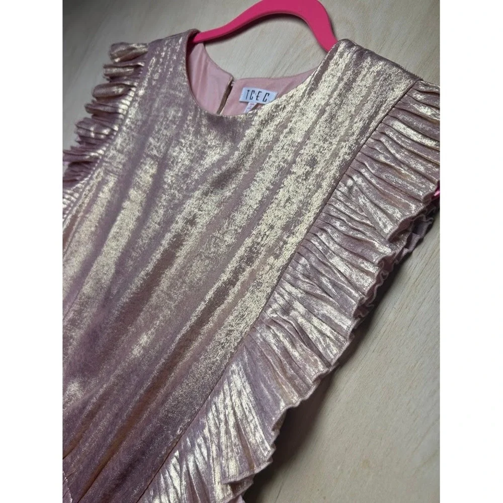 TCEC Rose Gold Metallic Pleated Tiered Ruffle Mini Dress Large - Picture 4 of 12